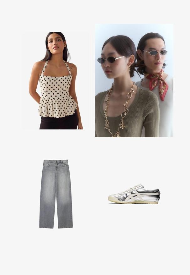 Peplum top in cream fabric with black polka dots, square neckline, and adjustable straps. Features a gathered hemline for shape.; Wide-leg gray denim jeans with a slightly faded finish, featuring five pockets, a front button closure, and belt loops.; Silver metallic sneaker with white accents and laces. Features a textured surface, rounded toe, and a rubber sole with a pattern for grip.; Round sunglasses with dark lenses and thin silver frames. One person wears a gold chain necklace, while another has a red patterned scarf.; Woven straw basket bag with brown leather accents, two handles, and a detachable strap. Curved shape with a sturdy base.