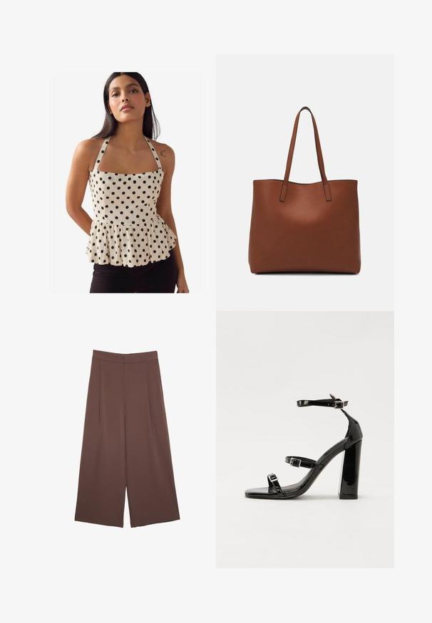 Peplum top v krémovej tkanine s čiernymi bodkami, štvorcovým výstrihom a nastaviteľnými ramienkami. Má zberaný lem pre tvar.; Hnedé nohavice so širokými nohavicami a hladkou textúrou, s vysokým pásom a prednými skladmi. Tkanina je ľahká a voľne sa pohybuje.; Čierne lakované sandále na podpätku so štvorcovou špičkou, navlečenými remienkami okolo členku a striebornými prackami. Disponujú masívnym blokovým podpätkom pre stabilitu.; Hnedá kožená taška na rameno s hladkou textúrou, otvoreným vrchom a dvoma ramenými popruhmi. Má minimálne šitia a žiadne viditeľné kovania.