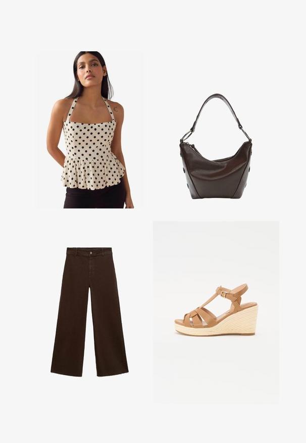 Peplum top od kremastog materijala s crnim točkicama, kvadratnim izrezom i podesivim naramenicama. Ima skupljeni rub za oblik.; Smeđe široke hlače od pamuka, s raspucanim rubom, prednjim kopčanjem na dugme i klasičnim dizajnom s pet džepova. Minimalističke i svestrane.; Smeđe platforme na petu s ukriženim trakama, podesivom kopčom oko gležnja i teksturiranom, tkanom espadril stilom na peti.; Tamno smeđa kožna torba sa zakrivljenim oblikom, zatvaranjem na zip i kratkom drškom. Ima metalne detalje i dekorativne crne dugmadi sa strane.