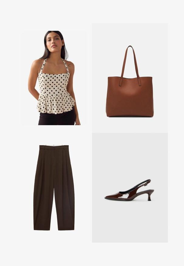 Top en peplum en tissu crème avec des pois noirs, décolleté carré et bretelles réglables. Présente un ourlet froncé pour la forme.; Pantalons taille haute marron avec des plis, fabriqués en tissu lisse. Coupe ample, design droit, avec passants de ceinture et fermeture éclair.; Chaussure slingback en cuir verni marron avec un bout pointu et un talon modéré. Elle est dotée d'une sangle à boucle pour un ajustement sécuritaire. Texture lisse.; Sac fourre-tout en cuir marron avec une texture lisse, design à ouverture supérieure et deux poignées pour le porter à l'épaule. Présente des coutures minimales et aucun matériel visible.