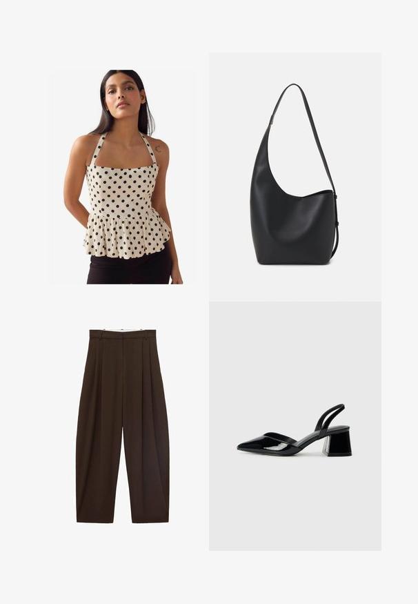 Peplum top v kremnem blagu s črnimi pikami, kvadratnim izrezom in nastavljivimi naramnicami. Ima nabrano robnico za obliko.; Rjave hlače visoke pasu s pregibi, narejene iz gladkega materiala. Ohlapen kroj, ravne nogavice, z zankami za pas in zadrgo.; Črne lakirane slingback pete s koničastim nosom in geometrijsko blokasto peto. Imajo eleganten, minimalističen dizajn in gladko teksturo.; Črna usnjena hobo torba z gladko teksturo, ukrivljeno obliko in eno nastavljivo naramnico; ima širok odprtina na vrhu.