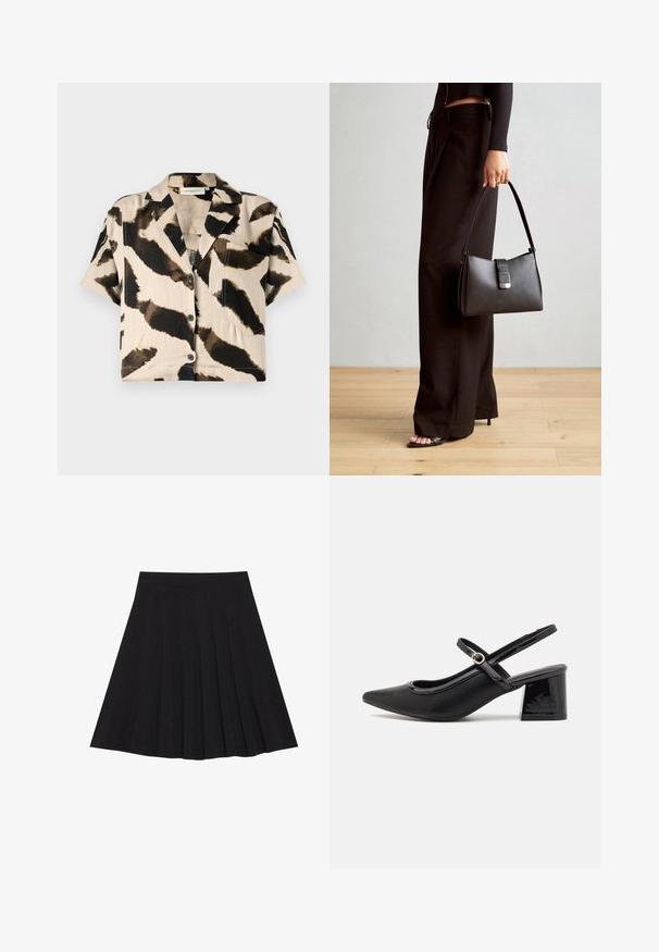 Kratek rokav srajca v smetanasti in črni živalski vzorec. Ima ovratnik, sprednje gumbe in žep na prsih. Narejena je iz lahkega materiala.; Črna plisirana krila iz strukturiranega materiala s prilegajočim pasom. Segajo do kolen in ponujajo gladko, čisto silhueto.; Črne patentne usnjene salonarce s slingback obliko, s koničastim nosom, zaobljenim izrezom in blok peto. Imajo zlato kovinsko zaponko kot dodatno okrasje.; Črna torbica z strukturirano obliko, gladko teksturo in kovinskim zaponko. Ujemajo se z širokimi črnimi hlačami in odprtimi sandali na lesenem tleh.