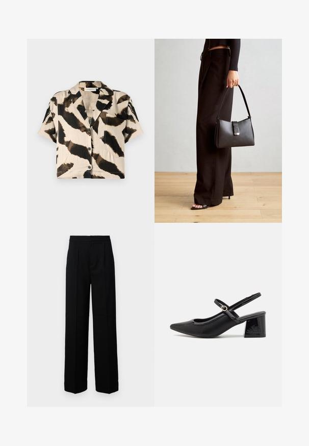 Camicetta a maniche corte in stampa animale crema e nera. Dotata di colletto, bottoni frontali e taschino sul petto. Realizzata in un tessuto leggero.; Pantaloni neri a gamba larga con una texture liscia, dotati di una parte anteriore piatta, pieghe e una vita sagomata. Senza hardware visibile o motivi.; Décolleté in vernice nera con cinturino dietro, punta affusolata, design con ritagli arrotondati e tacco a blocco. Presenta un accento di fibbia tono oro.; Borsa nera con forma strutturata, texture liscia e una chiusura metallica. Abbinata a pantaloni neri larghi e sandali open-toe su un pavimento in legno.