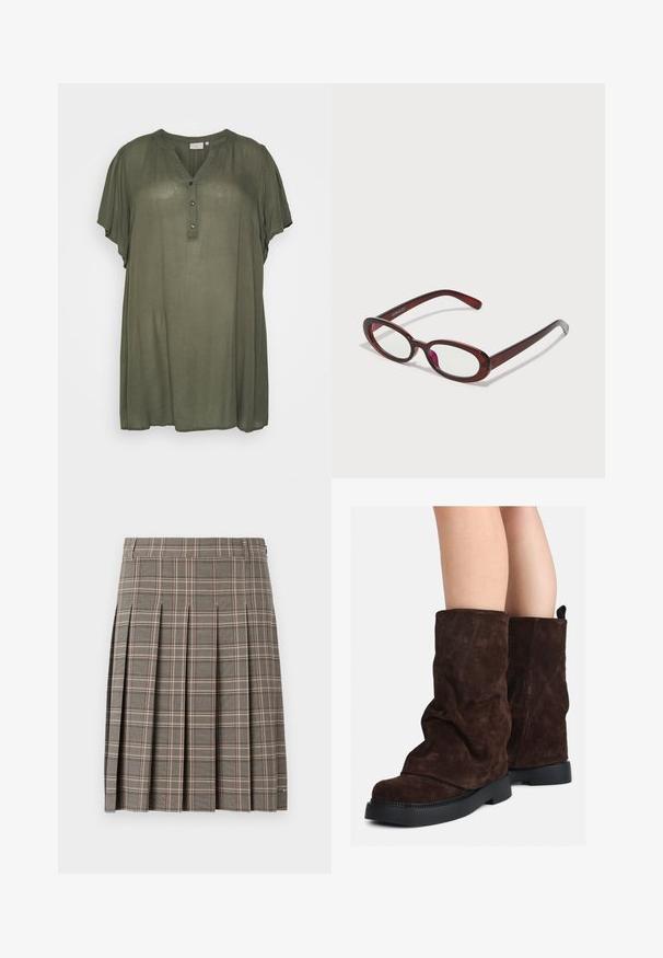 Kaffe Curve KCAMI - Tunica - grape leaf; Gonna a quadri grigia con pieghe, caratterizzata da un mix di tonalità scure e chiare e sottili linee rosa. Realizzata in tessuto testurizzato con vita.; Stivali in suede marrone a metà polpaccio con suole in gomma nera indossati su gambe nude, mostrano lievi pieghe sulla parte superiore degli stivali.; Occhiali da sole rotondi di colore rosso con lenti trasparenti e montatura marrone elegante. Il design presenta curve sottili e hardware minimale.