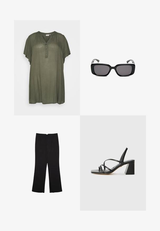 Kaffe Curve KCAMI - Tunika - grape leaf; Schwarze Hose mit geradem Schnitt, ausgestattet mit Fronttaschen und Seitenschlitzen am Saum. Hergestellt aus weichem, glattem Stoff. Geeignet für verschiedene Anlässe.; Schwarze High Heels Sandalen mit quadratischer Zehenpartie, die mehrere dünne Riemen und einen geometrischen Blockabsatz aufweisen. Glatte Ledertextur und minimales Design.; Schwarze rechteckige Sonnenbrille mit dunklen Gläsern, glattem Kunststoffrahmen und gebogenen Bügeln. Das Design ist klobig mit einer minimalistischen Ästhetik.