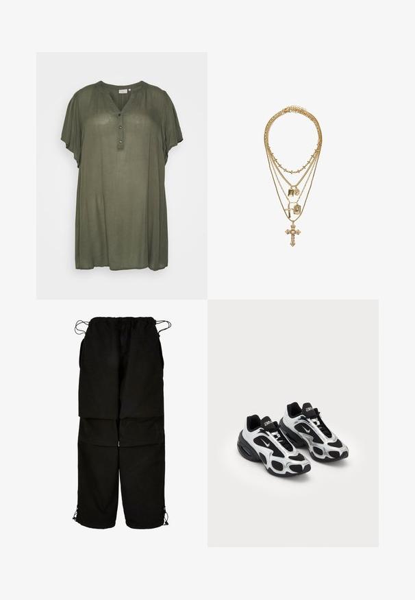 Kaffe Curve KCAMI - Tunika - grape leaf; Crne hlače od lagane tkanine, s podesivim pojasom i rubovima s vezicom. Dizajnirane s opuštenim, prevelikim krojem i s višestrukim džepovima.; Crne i srebrne atletske tenisice s gornjim dijelom od mrežastog i sintetičkog materijala, s karakterističnim valovitim dizajnom i podstavljenim ovratnikom, zračnom amortizacijom u potplatu.; Zlatna višeslojna ogrlica s različitim duljinama lanaca, ukrasnim privjescima uključujući križeve i pravokutne šarmove, s teksturiranim završetkom.