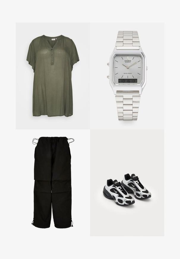 Kaffe Curve KCAMI - Tunika - grape leaf; Schwarze Hose aus leichtem Material, mit verstellbarem Bund und Kordelzug am Saum. Entworfen mit einer lockeren, oversized Passform und mehreren Taschen.; Schwarze und silberne Sportschuhe mit einem Obermaterial aus Mesh und Synthetik, das ein markantes gewelltes Design aufweist und einen gepolsterten Schaft hat, sowie einer Luftpolsterung in der Sohle.; Silberne Casio Quarzuhr mit rechteckigem Ziffernblatt, analogem und digitalem Display, Edelstahlarmband und wasserdichten Eigenschaften.