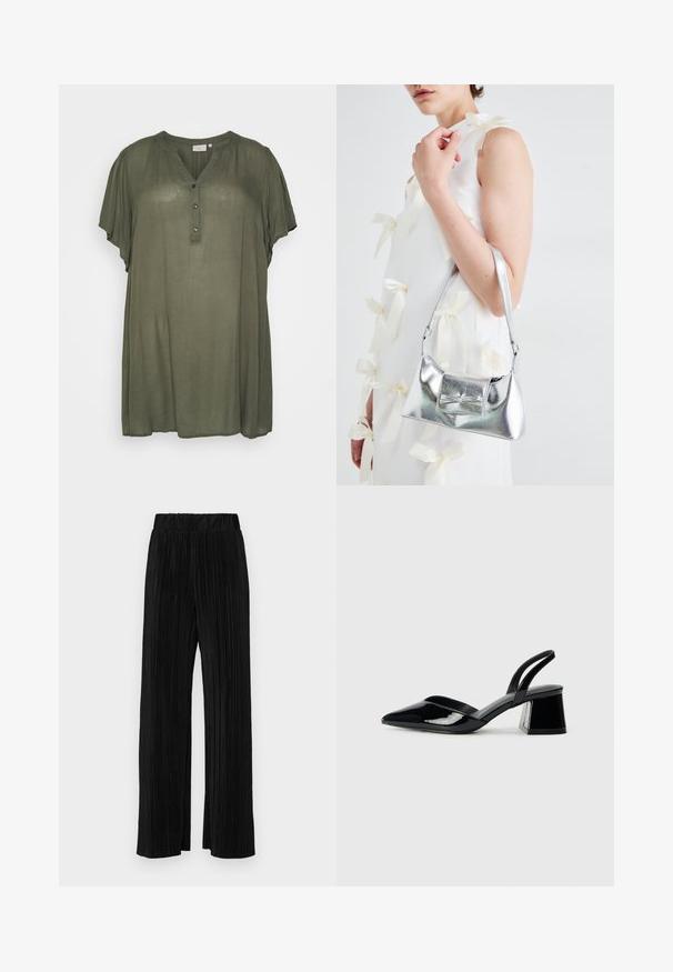 Kaffe Curve KCAMI - Tunika - grape leaf; Juodi plisuoti kelnės su elastine juosta. Turėkite plačias kojas ir glotnų, tekstūrinį audinį su vertikaliais dryžiais.; Juodos lakuotos odinės šlepetės su smailiu pirštu ir geometriniu bloko kulnu. Turi elegantišką, minimalistinį dizainą ir lygų paviršių.; Sidabrinė metalinė rankinė su struktūrizuota forma, turinti viršutinę rankeną ir kaspiną priekyje. Lygi tekstūra, atspindinti apdaila.