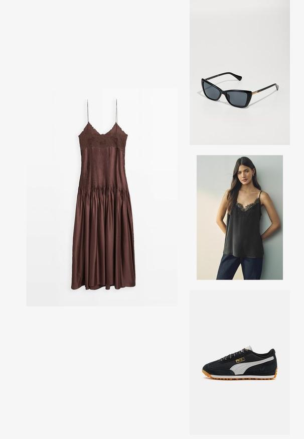 Zwart satijnen cami met een kant V-halslijn en dunne bandjes, gedragen met donkerblauwe spijkerbroek, tegen een neutrale achtergrond.; Bruine mouwloze jurk met een kanten lijfje en geplooide satijnen rok, met een aansluitende taille en vloeiende stof, hangt tegen een witte achtergrond.; Zwarte en grijze suède sportschoen met een rubberen zool, voorzien van gouden branding en een getextureerd meshpaneel aan de zijkant.; Zwarte cat-eye zonnebril met donkere lenzen, een glanzend frame en een gouden accent op de hangtampen. Kenmerkt zich door een soepele textuur aan de hele bril.