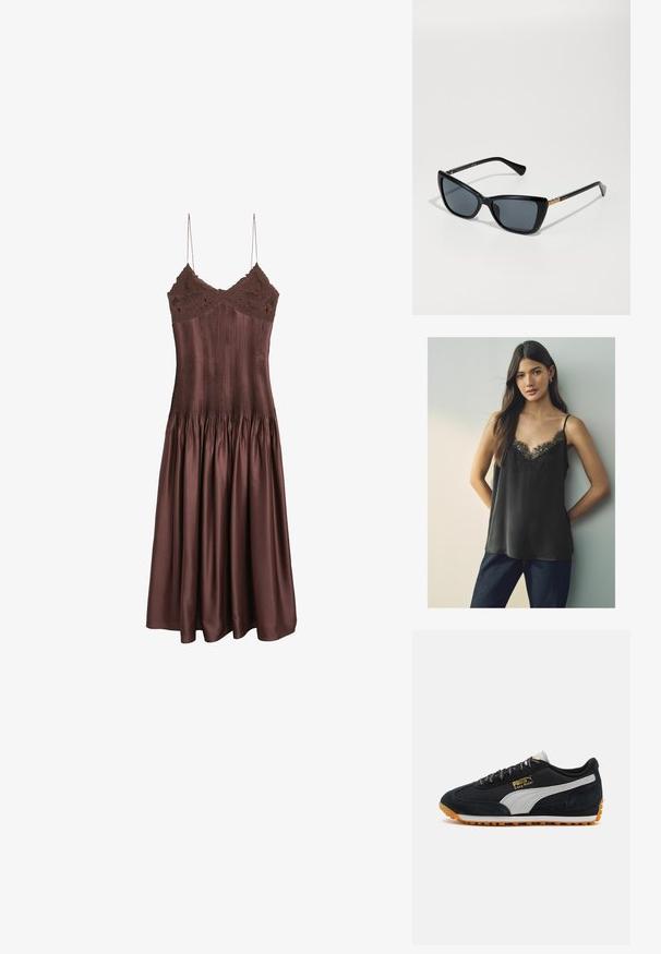 Sort satin camisole med en blond V-udskæring og tynde stropper, båret med mørkeblå jeans, mod en neutral baggrund.; Brun satin kjole med plisseret liv og blondekant foroven, med tynde stropper og en svagt flagrende nederdel. Glat tekstur hele vejen igennem.; Sort og grå ruskinds sportsko med gummisål, der har guldbranding og et struktureret meshpanel på siden.; Sorte katteøje solbriller med mørke linser, en blank ramme og en guldfarvet detalje på stængerne. Har en glat overflade hele vejen igennem.