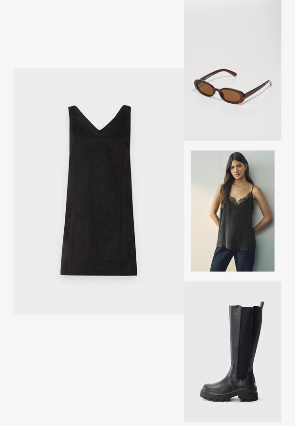 Camisola din satin negru cu decolteu în V din dantelă și bretele subțiri, purtată cu blugi albaștri închisi, pe un fundal neutru.; Rochie neagră fără mâneci, cu decolteu în V, realizată dintr-un material moale, având o croială dreaptă și detalii minime. Textură netedă.; Cizme negre până la genunchi, cu un exterior din piele netedă și panouri laterale elastice în contrast. Talpă robustă din cauciuc cu un profil pronunțat.; Ochelari de soare rotunzi, cu nuanțe de brown și cu un cadru lucios de burgund. Brațe subțiri cu detalii subtile de branding. Design cu lentile plate.; Poseta din piele împletită de culoare burgundă, cu un corp rotunjit, mânere groase și deschidere cu fermoar. Prezintă o textură netedă și un model împletit.