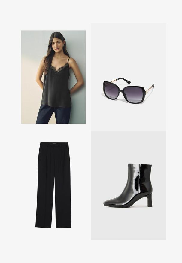 Svart satin camisole med en spets V-ringning och tunna axelband, bärs med mörkblå jeans, mot en neutral bakgrund.; Svarta byxor med rak passform, som har två framfickor och midjeband. Tillverkade av ett mjukt, lätt tyg.; Svart lackläder ankelboot med spetsig tå och en medelhög klack. Slät textur och minimalistisk design.; Svarta överdimensionerade solglasögon med gradientlinser, tjocka bågar och kedjedetaljer i guldton vid tempelarmarna.; Svart handväska med strukturerad form, slät yta och metallspänne. Matchad med vida svarta byxor och sandaler med öppen tå på trägolv.