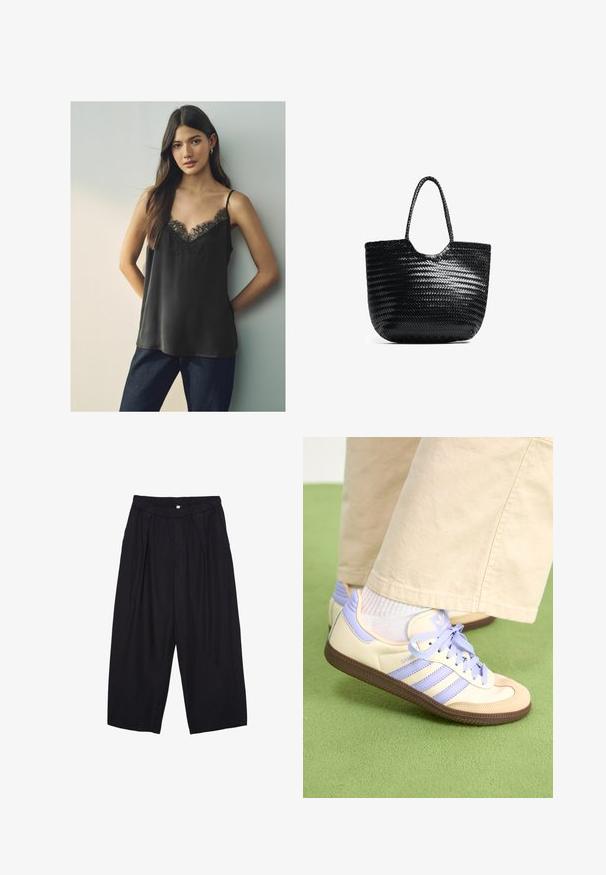 Schwarzes satin Top mit einer Spitzen V-Ausschnitt und dünnen Trägern, kombiniert mit dunkelblauer Jeans, vor einem neutralen Hintergrund.; Schwarze Polyester-Culotte mit einem elastischen Bund, zwei vorderen Falten und einer lockeren Silhouette. Keine sichtbaren Muster oder Hardware-Details.; Cremefarbene und lavendelfarbene Sneakers mit drei Streifen und einer strukturierten braunen Sohle, ausgestattet mit Schnürsenkeln und einer gepolsterten Ferse. Obermaterial aus weichem Stoff.; Schwarze geflochtene Tragetasche mit gerundetem Oberteil, Seitennähten und zwei geflochtenen Griffen. Verfügt über ein strukturiertes Muster und ein geräumiges Innenfach.