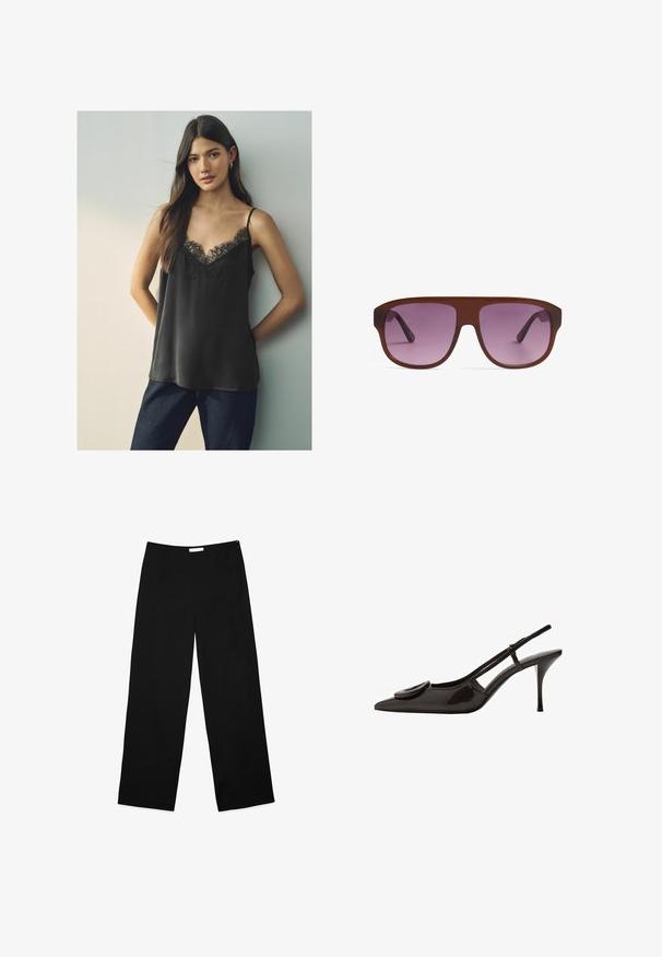Zwart satijnen cami met een kant V-halslijn en dunne bandjes, gedragen met donkerblauwe spijkerbroek, tegen een neutrale achtergrond.; Wijdere broek in zwarte stof, met een gladde textuur, strak ontwerp en een discrete zijrits als sluiting.; Zwarte gepatineerde leren slingback schoen met puntige neus, minimalistisch ontwerp, kleine ronde accent op de voorkant, en slanke hak.; Bruine zonnebril met grote rechthoekige monturen en een verloop van paarse lenzen. De armen zijn slank en behouden de kleur van het montuur.