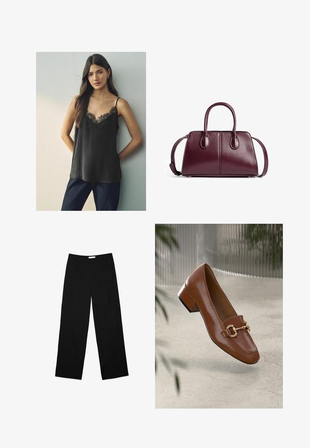 Melnas satīna krūšturis ar mežģīņu V formas dekoltē un plānām siksnām, valkāts kopā ar tumši zilām džinsām, pret neitrālu fonu.; Platas kājas bikses melnā audumā, ar gludu tekstūru, tīru dizainu un diskrētu sānu rāvējslēdzēju aizdarei.; Brūni lakoti ādas loaferi ar kvadrātu purngalu, metālisku ķēdes akcentu un zemu blokveida papēdi; gluda tekstūra, minimālisma dizains.; Burgundijas rokas soma, izgatavota no gludas ādas, ar divām noapaļotām rokturiem, plecu siksnu un minimālisma šuvju detaļām.
