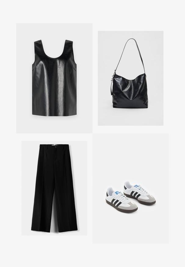 Černý top bez rukávů vyrobený z lesklého, strukturovaného materiálu s kulatým výstřihem a bočními kapsami, který se vyznačuje minimalistickým designem.; Černé široké kalhoty z lehkého materiálu s předním zapínáním na knoflík a hladkým předním dílem, s pečlivě přišitými lemy.; Sportovní boty s bílým koženým svrškem, šedou semišovou špičkou a třemi černými pruhy. Obsahují modré logo na jazyku a texturovanou gumovou podrážku.; Černá kožená kabelka přes rameno s měkkým, texturovaným povrchem. Má zakřivený design a jeden nastavovací popruh. Bez dalšího kování.
