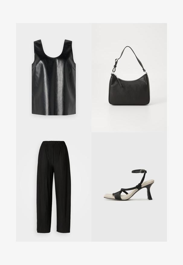 Črna brezrokavna majica iz sijočnega, teksturiranega materiala s krožnim ovratnikom in stranskimi žepi, ki se ponaša z minimalističnim oblikovanjem.; Črne široke hlače z nagubanimi hlačnicami in elastičnim pasom. Tkanina vsebuje vertikalne gube in gladko teksturo.; Črne sandale na visoki peti z prepletenim trakom, kvadratnim nosom in nastavljivim gležnjenjem. Svetlo bež podplat z sijajno črno peto.; Črna usnjena torba za roke s ukrivljenim oblikom, enim trakom, zadrgo in diskretnim blagovnim znamkom na sprednjem delu. Gladka tekstura, minimalističen dizajn.