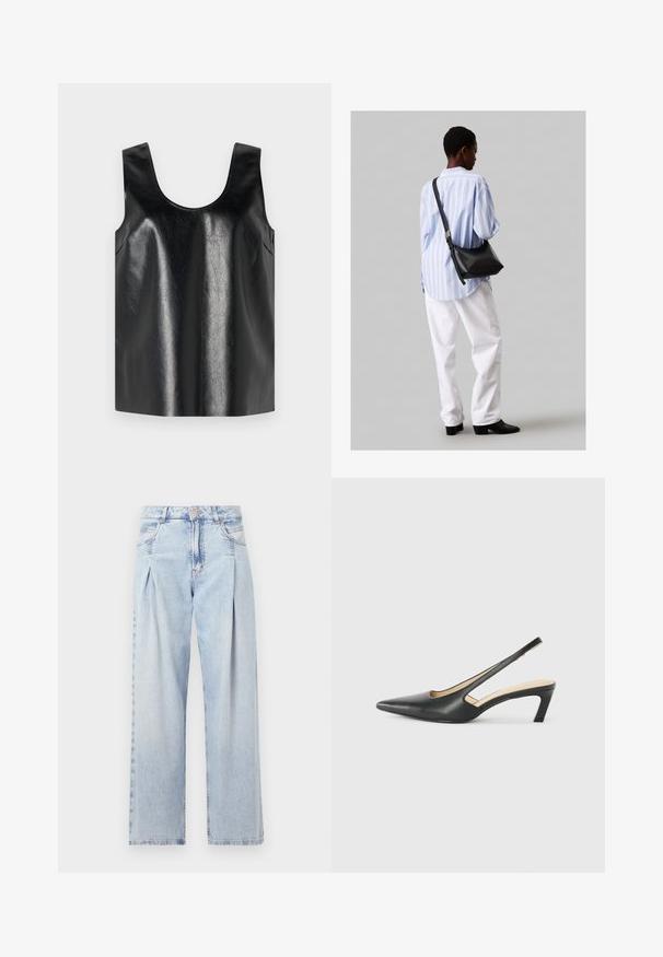 Svart ermeløs topp laget av skinnende, teksturert materiale med rund hals og side lommer, med et minimalistisk design.; Lyseblå denimjeans med høy livlinje, vide ben, to sidelommer og plisserte detaljer. Myk tekstur med en falmet finish.; Svart spiss tå slingback-sko med lav hæl, laget av jevnt skinnmateriale og med utskåret design på siden for pusteevne.; Svart lær skulderveske med en myk tekstur, trekantet form og justerbar stropp, kombinert med en lyseblå stripete skjorte og hvite bukser.