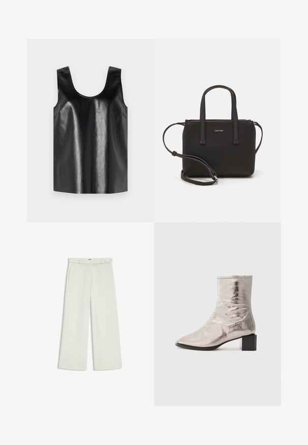 Top nero senza maniche realizzato in materiale lucido e testurizzato, con scollatura rotonda e tasche laterali, caratterizzato da un design minimalista.; Pantaloni a gamba larga in tessuto crema chiaro, dotati di tasche laterali, frontale liscio e chiusura a un bottone in vita. Texture morbida.; Stivale alla caviglia argento metallico con punta affilata e tacco a blocco. Texture liscia, design elegante e dettagli di cucitura minimalista.; Borsa nera con doppi manici corti e tracolla removibile. Materiale simile alla pelle liscia con chiusura a zip e dettaglio del logo.