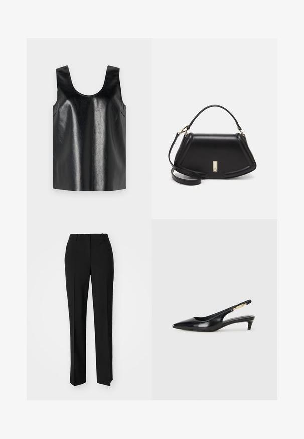 Top sans manches noir en matériau brillant et texturé, avec un col rond et des poches latérales, arborant un design minimaliste.; Pantalon noir ajusté avec une coupe droite, présentant une texture lisse et des plis nets sur le devant. Aucune quincaillerie visible.; Talons hauts en cuir noir avec un bout pointu, dotés d'un talon fin et d'un accent en ton or sur la lanière réglable. Texture lisse.; Sac à main en cuir noir avec un design structuré, featuring une forme cropped, une poignée supérieure et des accents en matériel doré. Bandoulière réglable incluse.