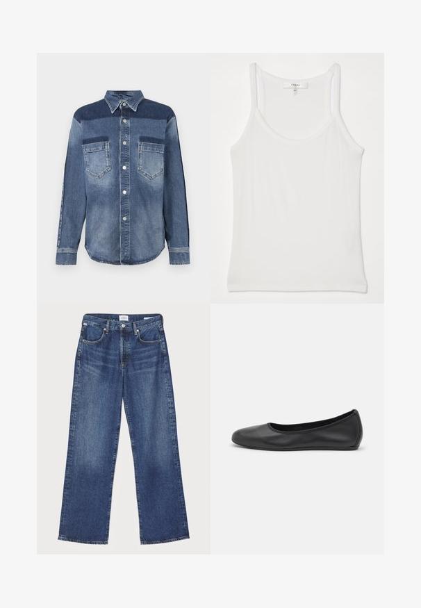 Denim shirt with a button-down collar, featuring a mix of light and dark blue panels, two chest pockets, and silver snap buttons.; White sleeveless tank top made of soft, ribbed fabric; features thin straps and a round neckline, tag reads "FRAME."; Citizens of Humanity ANNINA - Straight leg jeans - westwood dark indigo; Black leather ballet flat with a rounded toe, smooth texture, minimal stitching detail, and a flexible sole design.