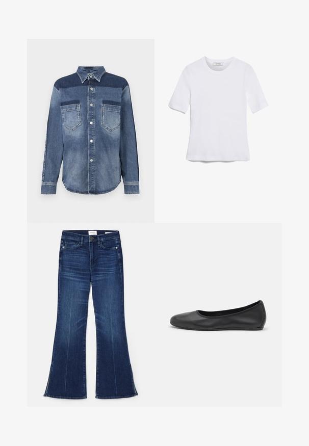 Denim shirt with a button-down collar, featuring a mix of light and dark blue panels, two chest pockets, and silver snap buttons.; White short-sleeve t-shirt made of ribbed fabric. Round neckline, regular fit, and subtle stitching details. No patterns or graphics.; Dark blue flared jeans made from denim. Features a high waist, front pockets, and slit details at the hem. Classic five-pocket design.; Black leather ballet flat with a rounded toe, smooth texture, minimal stitching detail, and a flexible sole design.