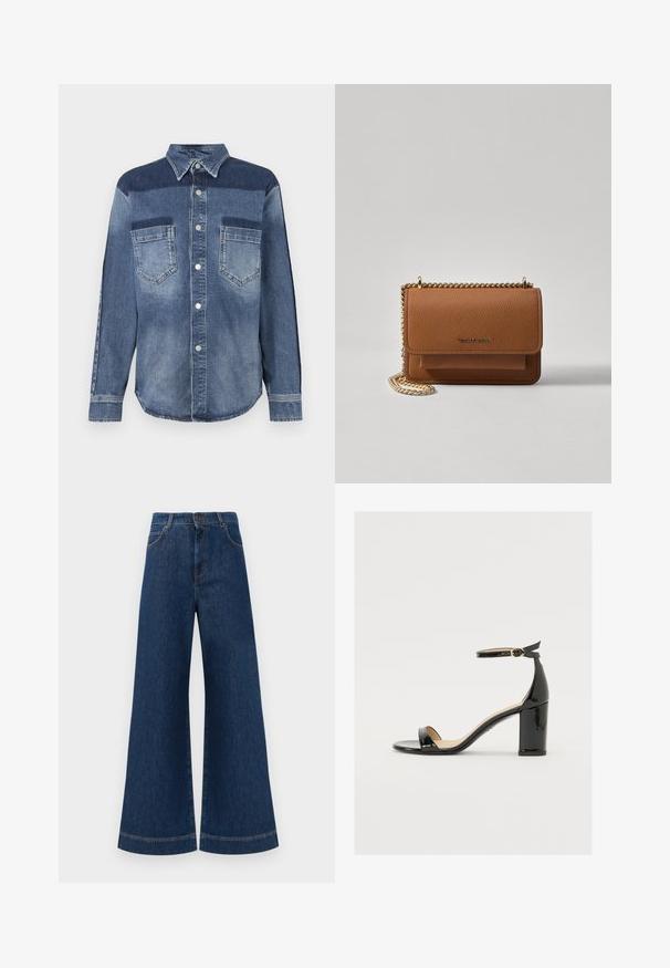 Denim shirt with a button-down collar, featuring a mix of light and dark blue panels, two chest pockets, and silver snap buttons.; Wide-leg blue denim jeans with a high waist, featuring a button closure, belt loops, and subtle stitching details along the pockets and hems.; Black patent leather sandal with a wide heel, open toe, and ankle strap featuring a gold buckle. Smooth texture and sleek design.; Brown textured leather crossbody bag with gold chain strap and flap closure. Front features logo detail and a pocket under the flap.