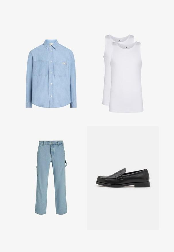 Šviesiai mėlynas marškinėlių mygtukais modelis, pagamintas iš džinsinio audinio, su smailiu apykaklės dizainu, dviem krūtinės kišenėmis ir maža logotipo etikete kairėje kišenėje.; Balti balti medvilniniai tankiai, be rankovių dizainas, apvalus kaklas, vientisas paviršius, pagaminti iš minkštos, lengvos medžiagos. Pavaizduoti du vienetai.; Šviesiai mėlynos džinsinės cargo kelnės su laisvu siluetu, turinčios šonines prisisegimo kilpas ir priekinius kišenes, demonstruojančios išblukusį tekstūrą.; Juodi odiniai loaferiai, pasižymintys elegantišku dizainu, su apvaliu pirštu, siuvinėjimais ir žemu blokuotu kulnu. Sklandžią struktūrą ir minimalias akcentus.