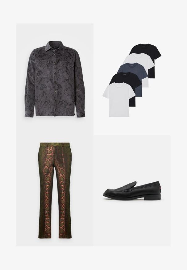 Grau gestreifte Cordhemden mit schwarzem Blumenmuster, zwei Brusttaschen, spitzem Kragen und metallischen Knöpfen. Strukturierter Stoff mit vertikalen Rippungen.; Set aus fünf T-Shirts in Schwarz, Weiß und Marineblau. Baumwollstoff, kurze Ärmel, Rundhalsausschnitt und schlichte Textur ohne Muster.; Grüne gemusterte Hosen mit einem Schlangenmusterdruck in Brauntönen und Orange, gerade geschnitten und mit einer glatten Textur.; Schwarze Lederloafer mit glatter Oberfläche, abgerundetem Zehenbereich und einem kleinen dekorativen Riegel. Ausgestattet mit einem niedrigen, gestapelten Absatz und einem dezenten Markenlogo.