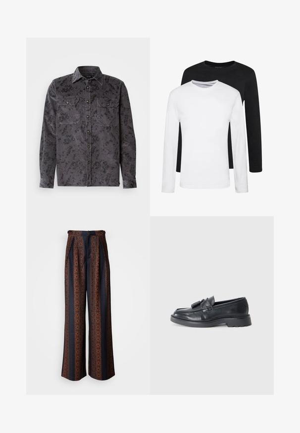 Sivi korduroj košulja s crnim cvjetnim uzorkom, dva džepa na prsima, oštri ovratnik i metalni dugmadi. Tekstuirani materijal s vertikalnim rebrima.; Dva majice dugih rukava, jedna crna i jedna bijela, izrađene od pamuka s okruglim izrezom i glatkom teksturom, prikazane u složenom aranžmanu.; Hlače širokih nogavica od tamnoplavog platna s složenim narančastim geometrijskim uzorkom, s naboranim prednjim dijelom i prizmom struka.; Crne kožne loferice s okruglim vrhom, trakicom s resicama i masivnim potplatom s uzorkom. Glatka tekstura i klasični dizajn.
