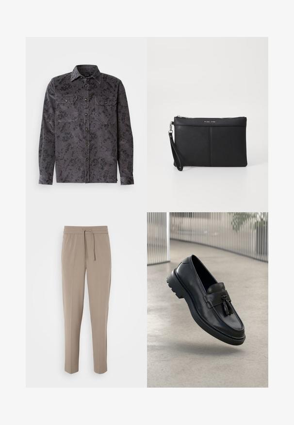 Chemise en côtes de velours gris avec un motif floral noir, deux poches sur la poitrine, un col pointu et des boutons métalliques. Tissu texturé avec des nervures verticales.; Pantalons beige clair avec une taille élastique, cordon de serrage ajustable et jambes fuselées. Le tissu semble lisse avec un léger éclat.; Mocassins en cuir noir à finition lisse, avec pompon décoratif, semelle en caoutchouc épaisse et détails cousus. Design léger et élégant.; Pochette synthétique noire avec fermeture éclair, anse pour le poignet et texture lisse. Présente des coutures discrètes et un logo embossé sur le devant.