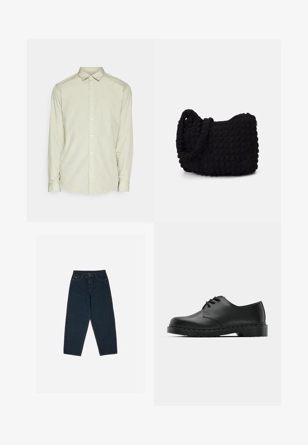 Camicia a maniche lunghe verde chiaro realizzata in tessuto liscio. Presenta un colletto con bottoni, bottoni frontali e un orlo arrotondato. Design semplice, senza motivi.; Jeans a vita alta blu scuro con una vestibilità rilassata, dotati di cinque tasche e chiusura con bottone. Realizzati in denim con una texture liscia.; Scarpa oxford in pelle nera con design con lacci, punta arrotondata, suola piatta in gomma e dettagli di cucitura discreti lungo la parte superiore.; Borsa in tessuto nero con un motivo trapuntato e texture. Forma arrotondata, manici corti e spessi, e una struttura morbida e flessibile.