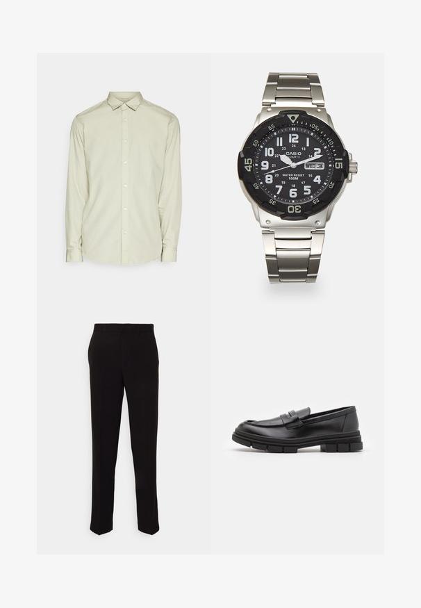 Svijetlozeleni dugih rukava košulja izrađena od glatkog materijala. Ima ovratnik sa dugmadi, prednje dugmadi i zaobljen rub. Jednostavan dizajn, bez uzoraka.; Črne hlače ravnega kroja, z gladko teksturo in brez vidnih vzorcev ali kovinskih delov. Klasična zasnova s čisto silhueto.; Črne usnjene loafersice z gladkim zaključkom, ki imajo sprednji trak in debel gumijast podplat z utori.; Kovinski kvarčni ura s črnim številčnicam, belimi številkami in prikazom datuma. Ima jekleno zapestnico in vodoodpornost do 100 m.