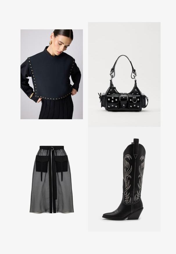 Juodas trumpas viršus su aukštu apykakle, papuoštas auksinėmis letelėmis apaciai. Ilgos rankovės su juoda neryškia sijonu po juo.; Juoda permatoma sijonas su surinkta liemene, dviem didelėm priekinėm kišenėm, liemens raišteliu ir apvaliu metaliniu akcentu.; Juodi oda kaubojiški batai su smailiu nosiu, stulpeliu ir sidabriniais siuvinėti gėlių raštais palei šoną. Kontrastingas siuvinėjimas visoje bato dalyje.; Juodas odinis rankinukas su kreiviu dizainu, su sidabro spalvos knopkėmis, užsegimu ir dviem šoninėmis kišenėmis. Reguliuojama dirželis nešimui.