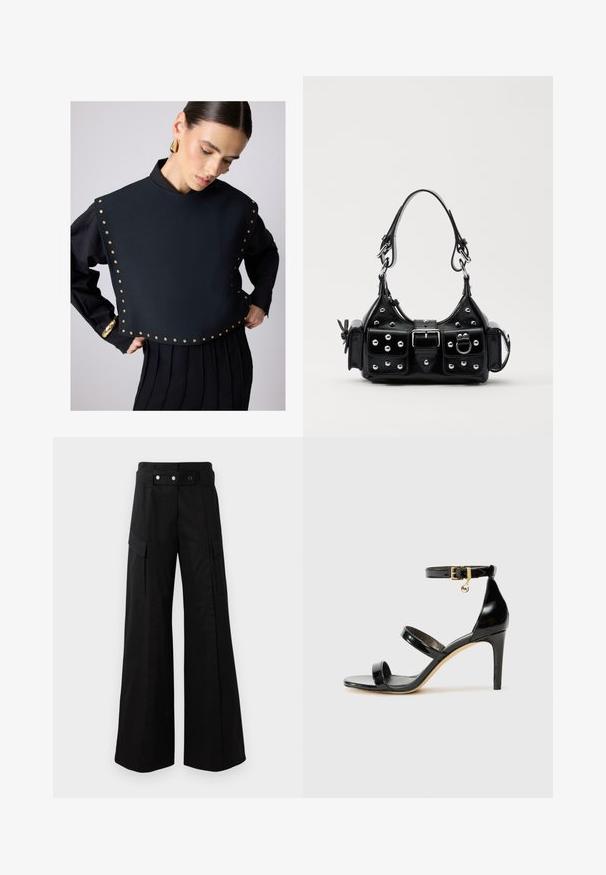 Crni skraćeni top s visokim ovratnikom, ukrašen zlatnim zakovicama duž rubova. Dugi rukavi s nabranom crnom suknjom ispod.; Crne široke hlače s visokim strukom, s velikim bočnim džepovima, dva prednja dugmeta i detaljem u obliku petlje. Izrađene od čvrste tkanine.; Crne lakirane kožne sandale s tri trake, kopčom na zapešću i potpeticom od 10 cm. Sadrže zlatne detalje i privjesak s logotipom.; Crna kožna torba s zakrivljenim dizajnom, koja sadrži srebrne zakovice, kopču i dva bočna džepa. Podesiva traka za različite opcije nošenja.