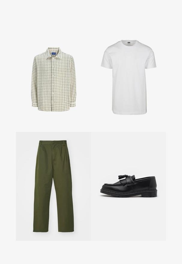 Krems krāsas krekliņš ar melnu rūtiņu rakstu. Izgatavots no viegla auduma, ar apkakles izgriezumu un garām piedurknēm.; Balta kokvilnas T-krekls ar apaļu kaklaizgriezumu, īsām piedurknēm un brīvu piegriezumu. Etiķete norāda "URBAN CLASSICS". Gluda tekstūra, bez rakstiem vai akcentiem.; Olīvzaļas augstas vidukļa bikses ar taisnu kāju dizainu. Izgatavotas no viegla auduma, ar priekšu krokām un pogu aizdari.; Melnas ādas loafer kurpes ar pušķu akcentu, izšūti raksti gar malām un biezs gumijas zole izturībai.