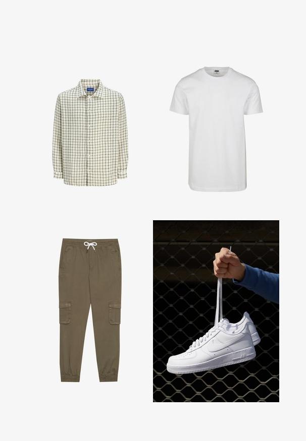 Chemise boutonnée crème avec un motif carreaux noirs. Confectionnée dans un tissu léger, elle dispose d'un col et de manches longues.; T-shirt en coton blanc avec un décolleté rond, des manches courtes et une coupe décontractée. L'étiquette indique "URBAN CLASSICS." Texture lisse, sans motifs ni accents.; Pantalons cargo kaki avec une taille élastique et un cordon de serrage, dotés de poches latérales et de chevilles côtelées. Fabriqués en matériau texturé et léger.; Baskets en cuir blanc avec perforations, à bout rond, semelle plate et lacets épais, arborant un logo swoosh visible et "AIR" sur le talon.