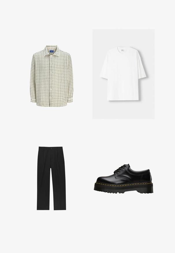 Krém színű, fekete rácsos mintázattal ellátott gombos ing. Könnyű anyagból készült, galléros nyakkal és hosszú ujjakkal rendelkezik.; Fehér, rövid ujjú pamut póló, kerek nyakkivágással és laza szabással. Simább textúra, látható minták vagy díszítések nélkül.; Fekete nadrág egyenes szárú kialakítással, sima anyagból készült. Elöl redők és egy gombos záródás található a derékon.; Fekete bőr fűzős cipő, vastag, fogazott fekete gumitalppal és sárga varrással a széleken, sima felülettel.