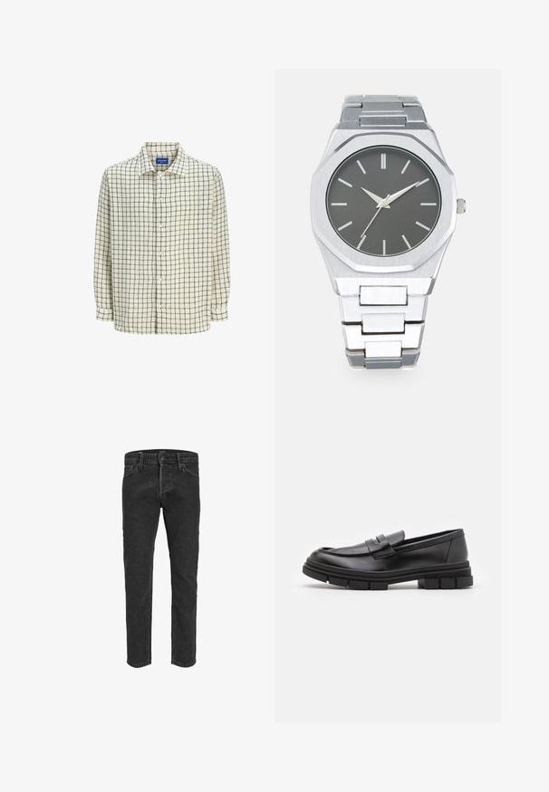 Camicia button-up color crema con un motivo a griglia nera. Realizzata in tessuto leggero, presenta un colletto e maniche lunghe.; Jeans in denim nero con design a gamba dritta, cinque tasche e passanti per cintura, caratterizzati da una texture leggermente sbiadita e cuciture a contrasto.; Mocassini in pelle nera con finitura liscia, dotati di un dettaglio di cinturino anteriore e di una suola in gomma spessa con accenti scanalati.; Orologio analogico argento con cassa ottagonale, quadrante grigio, indicatori delle ore argentati e bracciale in acciaio inossidabile. Design minimalista con texture liscia.