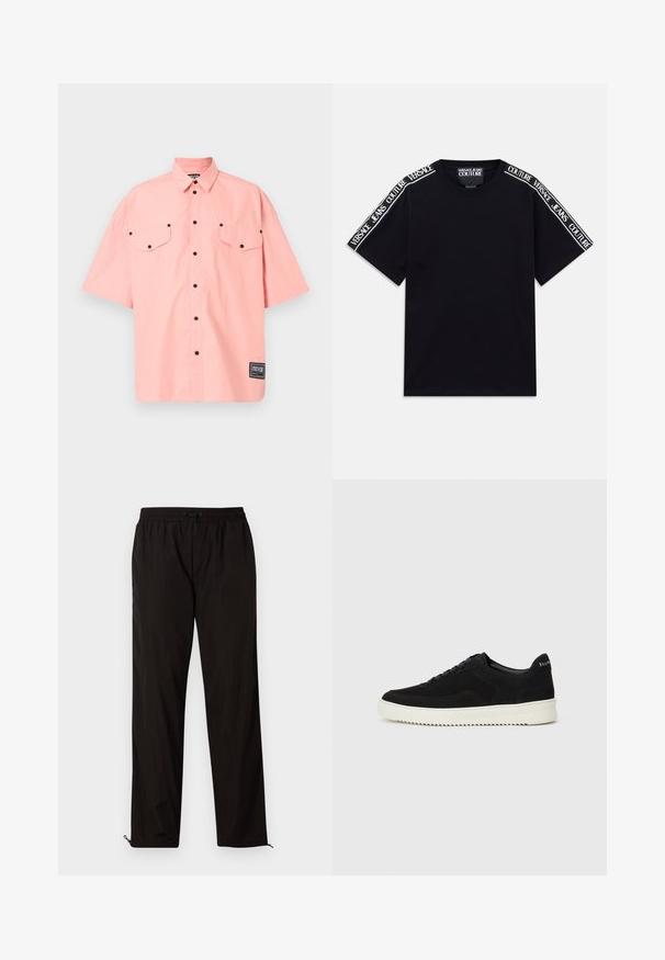 Kratka majica s kratkimi rokavi in gumbnim zapenjanjem iz svetlo roza bombaža z dvema žepoma na prsih, črnimi gumbi in blagovno znamko na spodnji desni strani.; Črna kratka majica s kratkimi rokavi z belimi trakovi z besedilom "Versace Jeans Couture", ki tečejo ob naramnicah in zgornjih rokavih.; Črne lahke hlače z elastičnim pasom, zapiranjem na vrvico in zadrgo na robovih za prilagodljivost. Gladka, sijoča tekstura.; Črni semiš teniški copati z vezalkami in kontrastnim belim gumijastim podplatom. Imajo teksturirane stranske panele in subtilno oznako na peti.