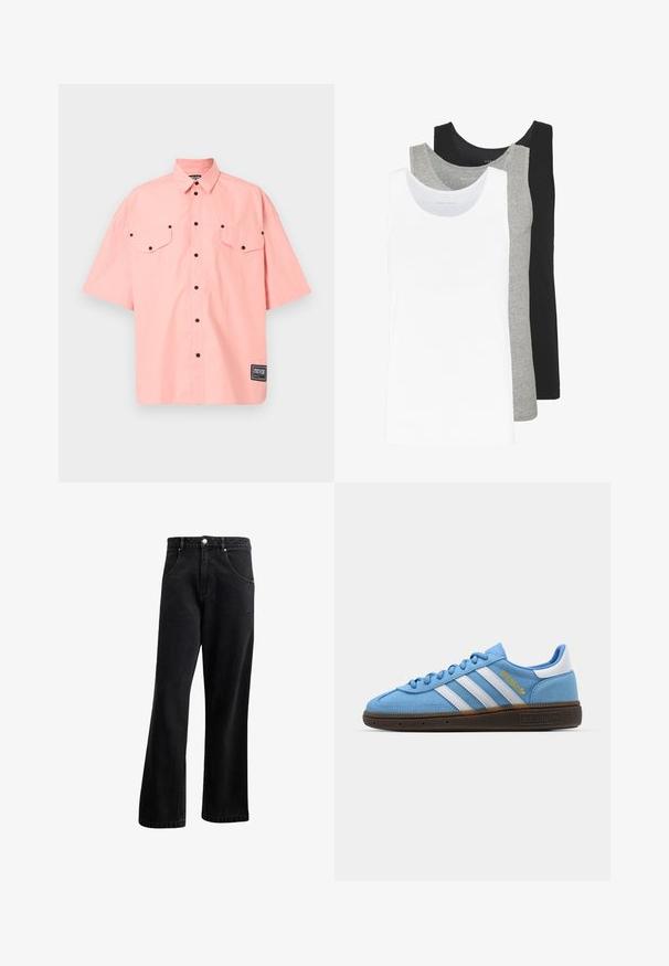 Lyhythihainen, nappikauluspaita vaaleanpunaisesta puuvillasta, jossa on kaksi rintataskua, mustat napit ja brändätty merkki oikealla alareunassa.; Kolme hihattomaa toppia valkoisena, harmaana ja mustana. Jokaisessa on klassinen hihaton muotoilu, ja ne on valmistettu kevyestä puuvillakankaasta, jossa on ribbausrakenne.; Musta farkkutakki suoralla lahje muotoilulla, jossa on etutaskut, nappisuljenta ja hieno rakenne. Mukana on huomaamaton logotyyppinen yksityiskohta.; Vaaleansiniset mokkasiinit, joissa on valkoiset nahkastripit, ruskea teksturoitu pohja ja kultainen logotiedote. Matala malli, jossa on pyöreä kärki.