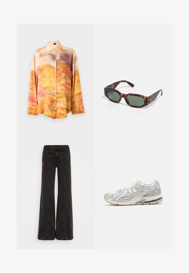 Camisa de botão em seda com um padrão abstrato em tons de laranja, rosa e roxo, com colarinho espalhado e mangas longas.; Calças de ganga largas e pretas, com uma cintura alta, bolsos frontais e costuras tonais ao longo das costuras.; O sapatilho de corrida apresenta um upper em malha prata e branca com um detalhe verde. A sola é robusta e texturizada, projetada para amortecimento e suporte.; Óculos de sol tartaruga com lentes retangulares verdes, armação larga e hastes grossas. Apresenta um design elegante e uma textura de plástico suave.; Saco tote preto com um exterior de nylon suave, apresentando alças longas em pele, uma alça de ombro destacável e uma placa de logo dourada.