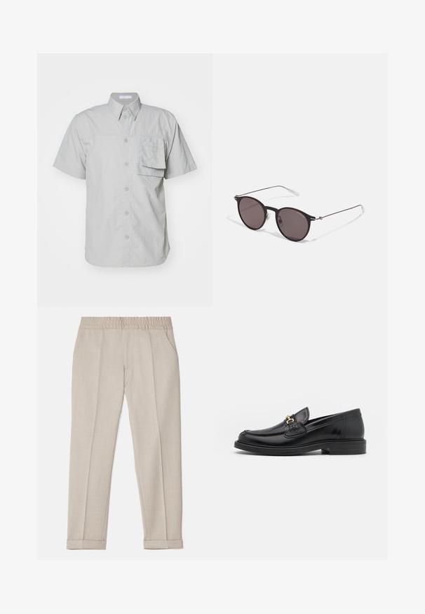 Korte mouwen, lichtgrijs overhemd met knopen en een zak; gemaakt van een gestructureerde stof; beschikt over een klassieke kraag en standaard knopen.; Filippa K TERRY CROPPED TROUSERS - Broek - sage melange; Zwarte leren instappers met een ronde neus, voorzien van een gouden hardware accent en stikdetails, geplaatst op een lage, getextureerde rubberen zool.; Zwarte ronde zonnebril met donkere lenzen en slanke metalen armen. Inclusief heldere tempelpunten en zilveren accenten bij de scharnier. Minimalistisch ontwerp.