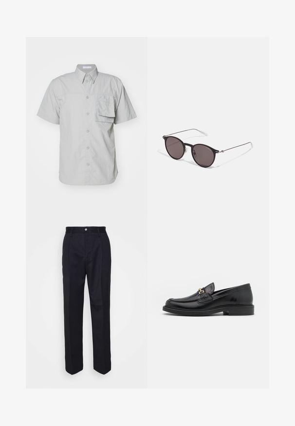 Šviesiai pilka, trumpomis rankovėmis, mygtukų užsegama marškiniai su kišene; pagaminti iš tekstūruoto audinio; turi klasikinį krūtinės apykaklę ir standartinius mygtukus.; Juodos pritaikytos kelnes su tiesiomis kojomis, pagamintos iš lygaus audinio, turinčios priekinį mygtuko užsegimą ir dvi šonines kišenes.; Juodos odinės loafer tipo bateliai su apvaliuku, su auksinėmis detalėmis ir siuvinėjimo akcentais, įrengti ant žemos, tekstūruotos gumos pado.; Juodos apvalios saulės akinių su tamsiais lęšiais ir plonomis metalinėmis šakomis. Įtraukti skaidrūs šventyklų galai ir sidabriniai akcentai vyrio srityje. Minimalistinis dizainas.
