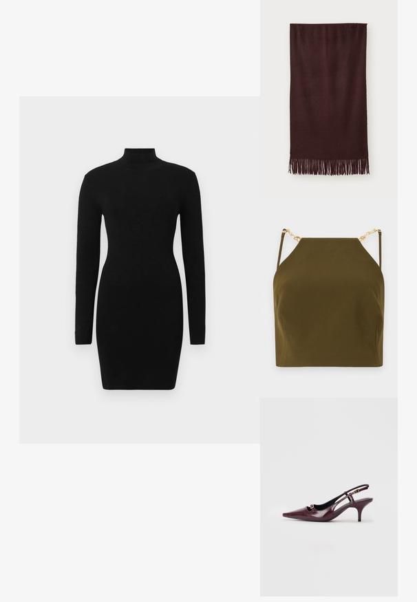 Olivově zelený top bez rukávů se čtvercovým výstřihem, se zlatými řetízkovými detaily na nastavitelných ramínkách a hladkým, texturovaným materiálem.; Černé dlouhé šaty s dlouhými rukávy, s přiléhavým střihem a vysokým výstřihem, vyrobené z texturované látky, která poskytuje hladký a elegantní vzhled.; Burgundské lodičky na platformě s špičatou špičkou, lesklým koženým povrchem, malým výřezem v přední části a úzkým stiletto podpatkem se zlatými akcenty.; Bordový šál vyrobený z měkké tkaniny, s hladkou texturou a dlouhými třásněmi na okraji pro zvýšení detailu. Obdélníkový tvar, splývá rovně.; Pepe Jeans GRACEY - Kabelka - burgundy red