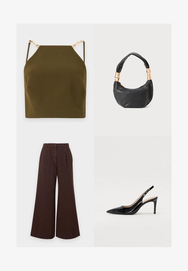 Top senza maniche verde oliva con scollatura quadrata, caratterizzato da dettagli in catena dorata su bretelle regolabili e un tessuto liscio e testurizzato.; Pantaloni brown a vita alta e gamba larga con chiusura a bottoni e cerniera, passanti per cintura e pieghe frontali.; Pumps slingback in pelle verniciata nera con punta affilata, tacco sottile e un design con ritagli delicati. Caratterizzate da una fibbia dorata sul cinturino.; Borsa a tracolla in pelle nera con una forma rotonda, texture morbida e manico annodato con dettagli in metallo dorato. Chiusura con zip.