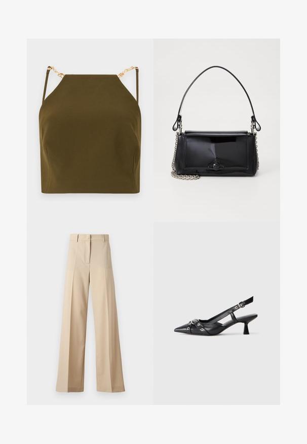Olivově zelený top bez rukávů se čtvercovým výstřihem, se zlatými řetízkovými detaily na nastavitelných ramínkách a hladkým, texturovaným materiálem.; Beige široké kalhoty vyrobené z hladké tkaniny, s plochým předním dílem a záhyby, s zipovým zapínáním a poutky na pásek. Celkově střižené na míru.; Černé kožené slingback boty s špičatou špičkou, dekorativními pásky s kovovými očky a nízkým blokovým podpatkem. Texturovaný povrch.; Černá lakovaná kožená kabelka obdélníkového tvaru, řetízkový popruh a výrazné kovové zdobení uprostřed. Hladká textura.