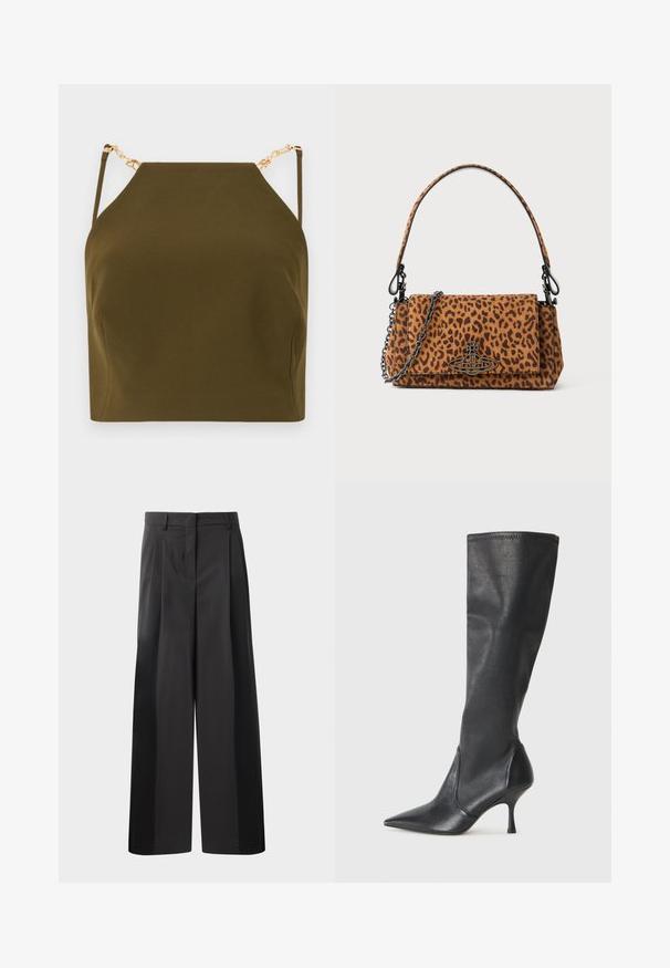 Oliivroheline ilma varrukatopp, millel on ruudukujuline dekoltee, kohandatavate nööpidega, millel on kuldsed ahelad ja sile, tekstuuriga kangas.; Mustad laiad püksid kõrge vöökohaga, millel on ees voldid, sile tekstuur ja õmmeldud viimistlus. Kujundatud lõdva istuvuse saavutamiseks.; Knee-high mustad nahksaapad terava nina ja kitsaste stiilsete kontsadega. Sile tekstuur sobiva disainiga ja õmblused ülemisel serval.; Leopardimustriga nahkese käekott, mis on valmistatud suede'ist, lühikese käepideme ja ahelahaga. Ristkülikukujuline kuju flapi sulgemisega.