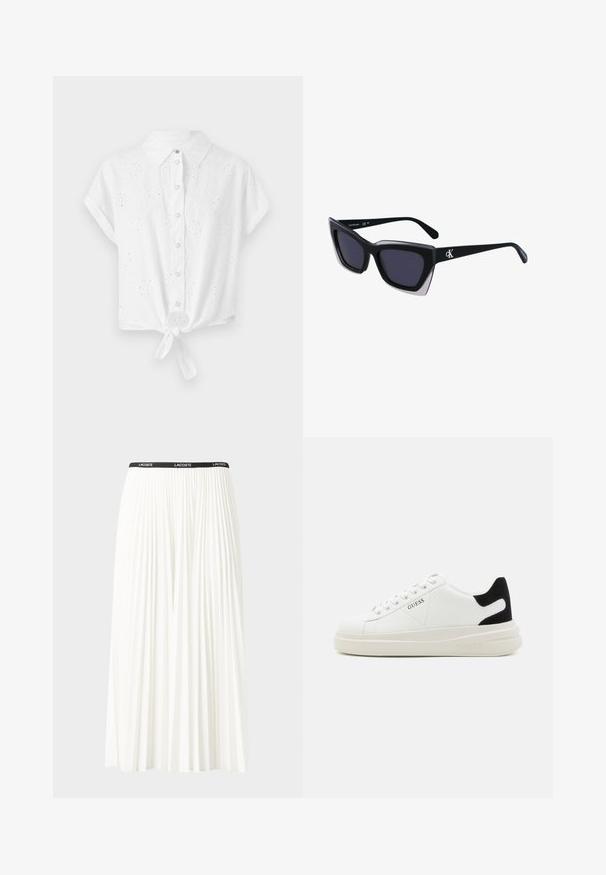 Fehér, rövid ujjú ing, gallérral, elöl gombokkal és csomózott aljjal. Főbb jellemzője a hímzett, szemlélődő mintázat, ami textúrát és részletességet ad az ingnek.; Plisszírozott fehér szoknya fekete elasztikus derékkal, amelyen a "LACOSTE" logó található. Középhosszú kialakítás, puha tapintással.; Fehér bőr sportcipők vastag fehér talppal, fekete velúr sarokpikkelyel és dombornyomott logóval az oldalon. Fűzős kialakítás, hat fűzőlyukkal.; Fekete, nagyméretű napszemüveg geometrikus formával, sötét lencsékkel és kontrasztos szürke részlettel a kereten. Logó a szárán.