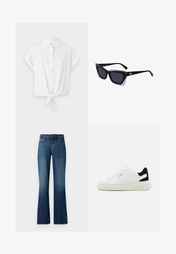 Camisa blanca de manga corta con cuello, botones en la parte delantera y un dobladillo anudado. Presenta un diseño de bordado de ojetes para añadir textura y detalle.; Jeans acampanados en un lavado azul medio, con un diseño clásico de cinco bolsillos, cierre de botón y una textura ligeramente deslavada.; Zapatillas blancas de cuero con una suela blanca gruesa, acento en el talón de ante negro y logo grabado en el lateral. Diseño de cordones con seis ojales.; Gafas de sol negras de gran tamaño con una forma geométrica, que presentan lentes oscuros y un detalle gris contrastante en la montura. Logo en la pata.